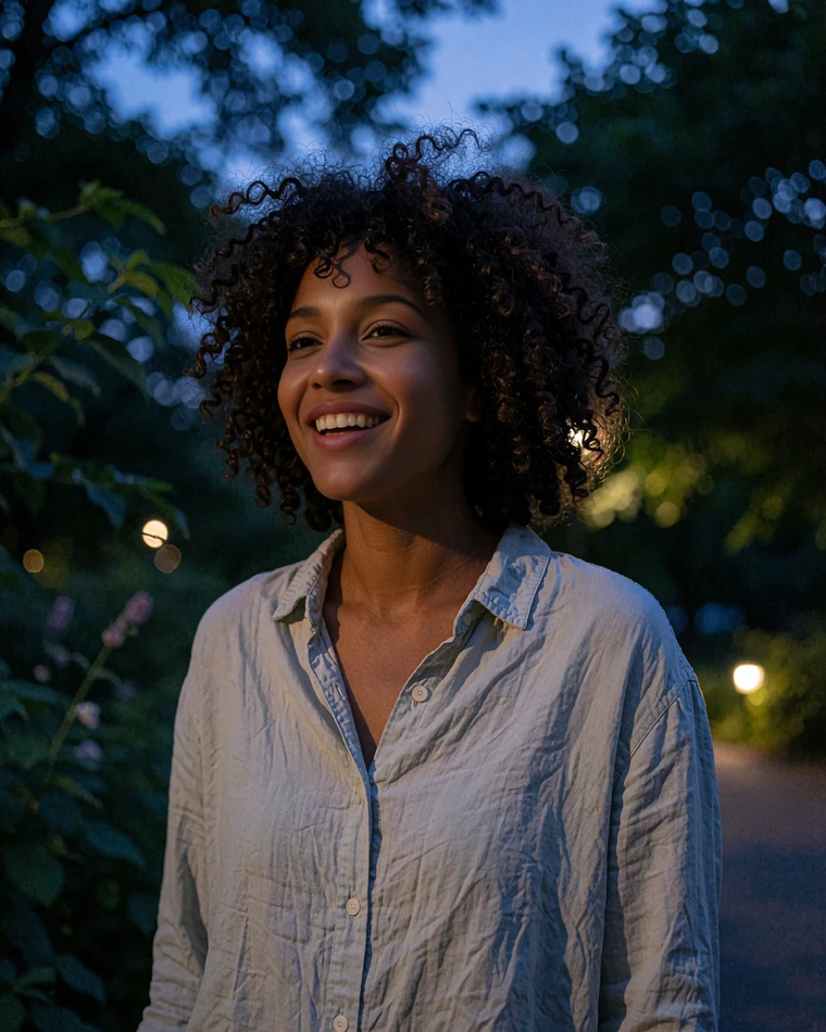 Laughing woman with natural curls in a city park, a real local dating profile photo on elvori