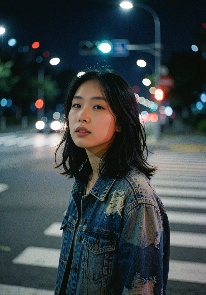 Woman in a denim jacket at a night crosswalk, a local dating profile card you can like on elvori