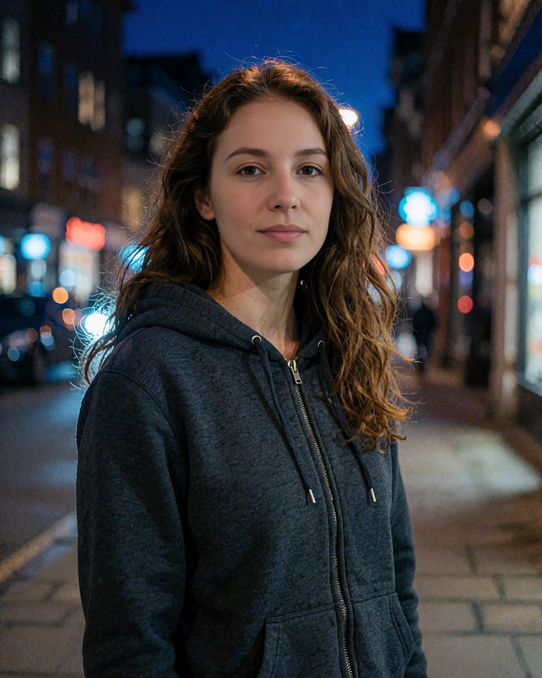 Woman in a charcoal hoodie on an evening sidewalk, an everyday local single near you on elvori