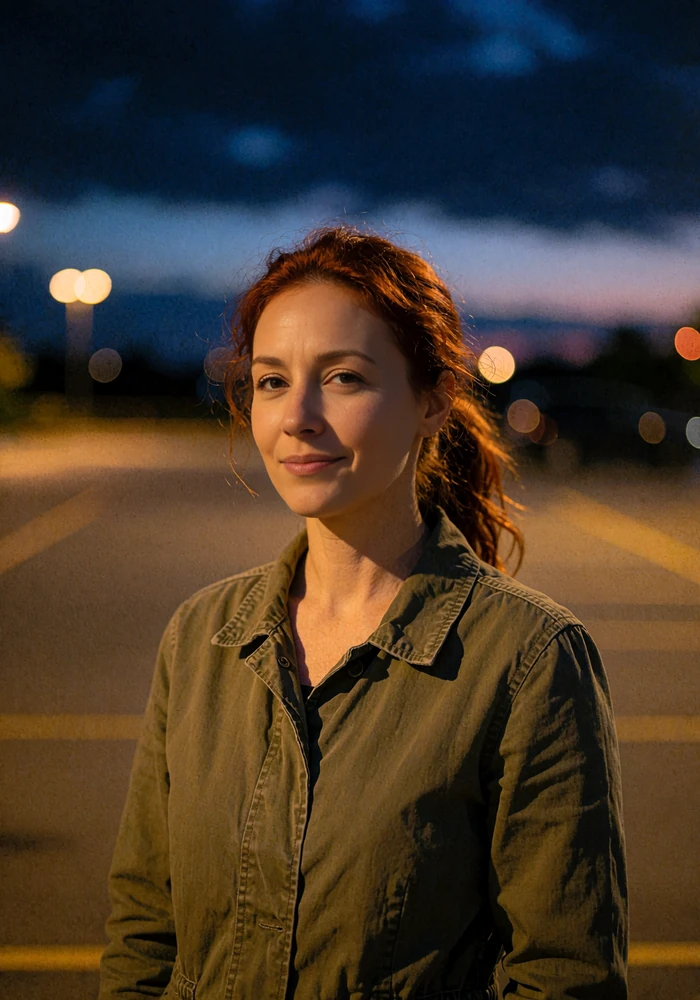 Woman in an olive jacket in an evening parking lot, a single woman near me profile card on elvori