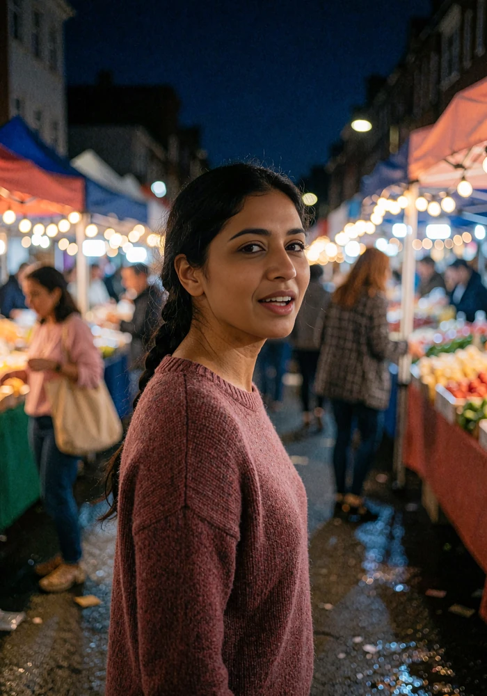 Woman in a maroon sweater on an evening market street, a verified elvori dating profile near you