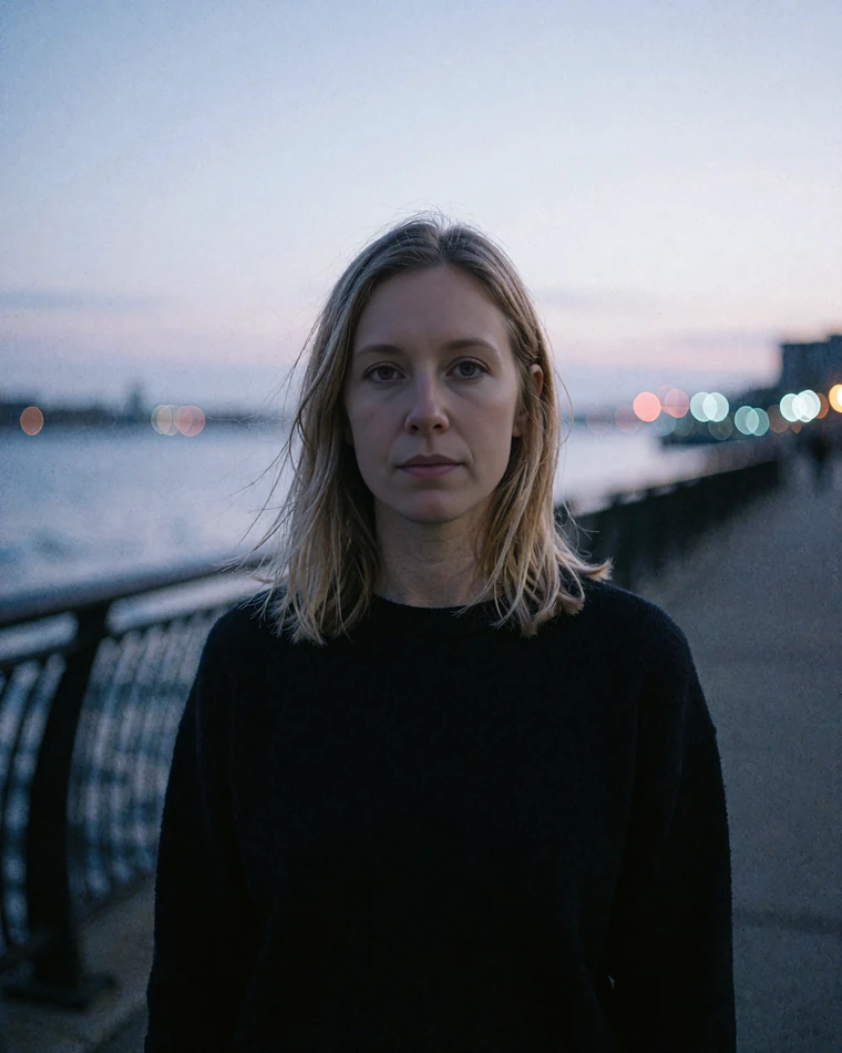 Blonde woman in a black sweater at a dusk waterfront, one of the single women near me browsing elvori