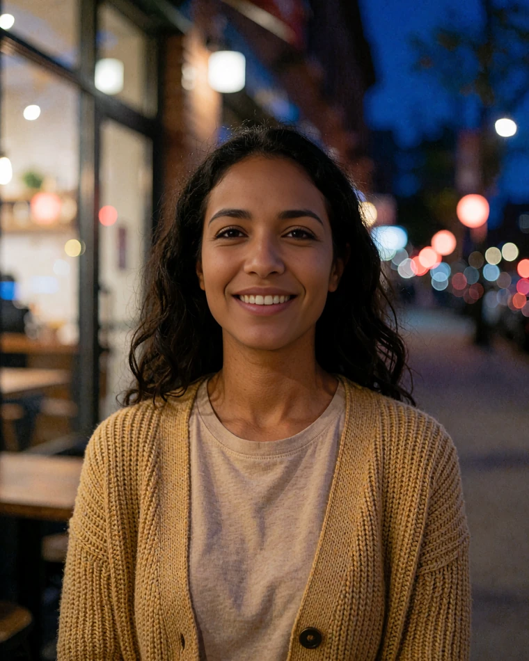 Smiling woman in a mustard cardigan outside a cafe, a verified female profile photo on elvori local dating